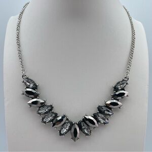 Silver-Tone Marquise Cut Hematite Crystal Statement Necklace – 16–19”